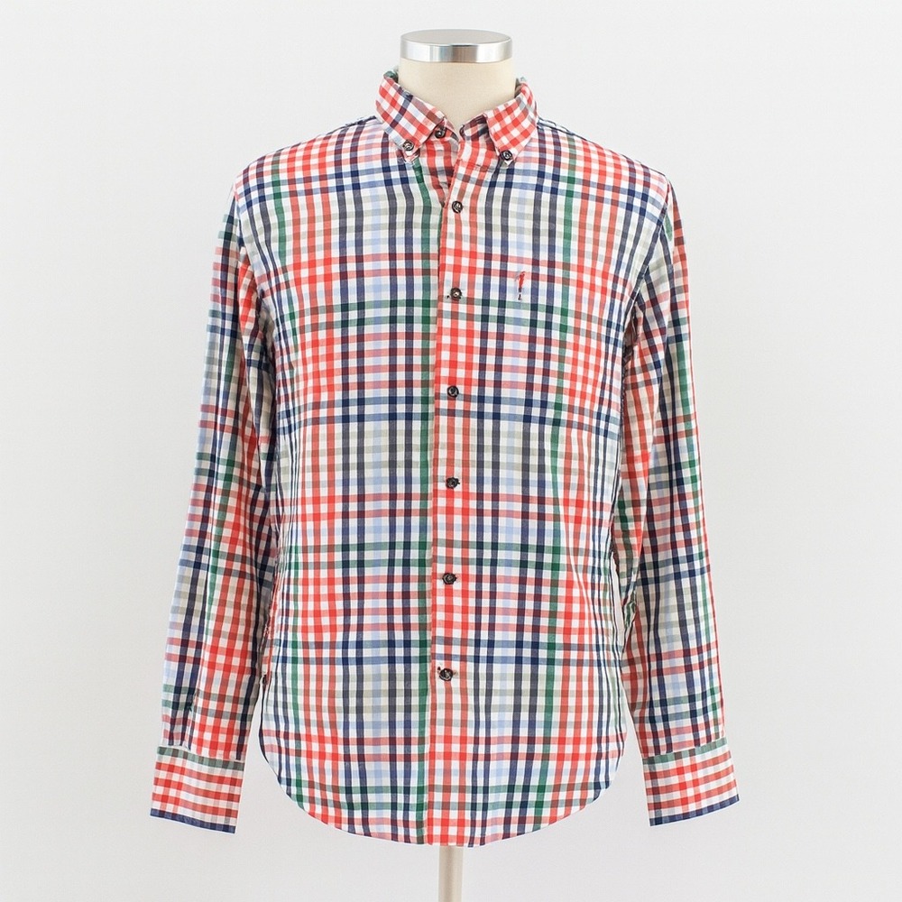 IZOD Button Down Shirt Mens Large Orange Blue Plaid Long Sleeve Cotton Blend